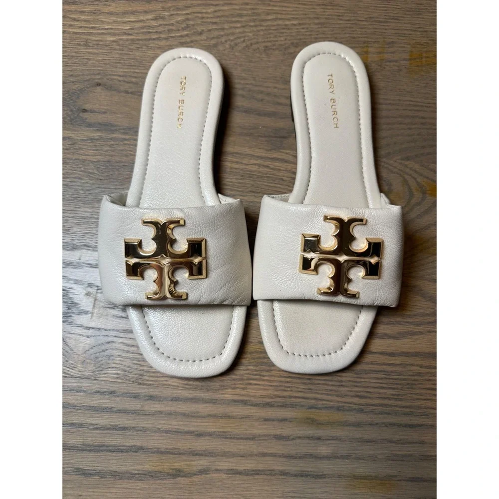 Tory Burch Eleanor Slide Sandals New Ivory Leather Gold Logo Flat 5M